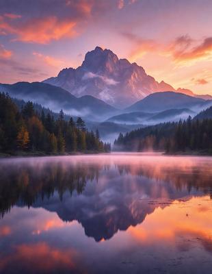 The primary subject of the image is a mountain range with a large peak, surrounded by a forest. The setting is a serene lake, with the mountains and trees in the background. The visual style is a photo, capturing the beauty of the landscape. The dominant colors are shades of pink and orange, creating a warm and inviting atmosphere.